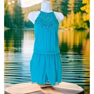 BCX Blouson Romper M Teal Halter Neck Lace Trim Rivets Hippie Festival Boho NWT